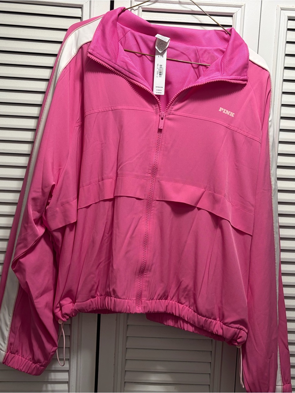 PINK Victoria's Secret Hot Pink Track Jacket with White Stripes
